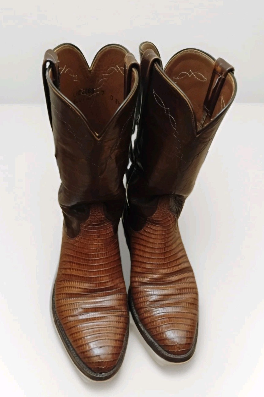 Vintage Lucchese Black Label Teju Lizard Cowboy Boots Mens 7 D Cognac Brown…