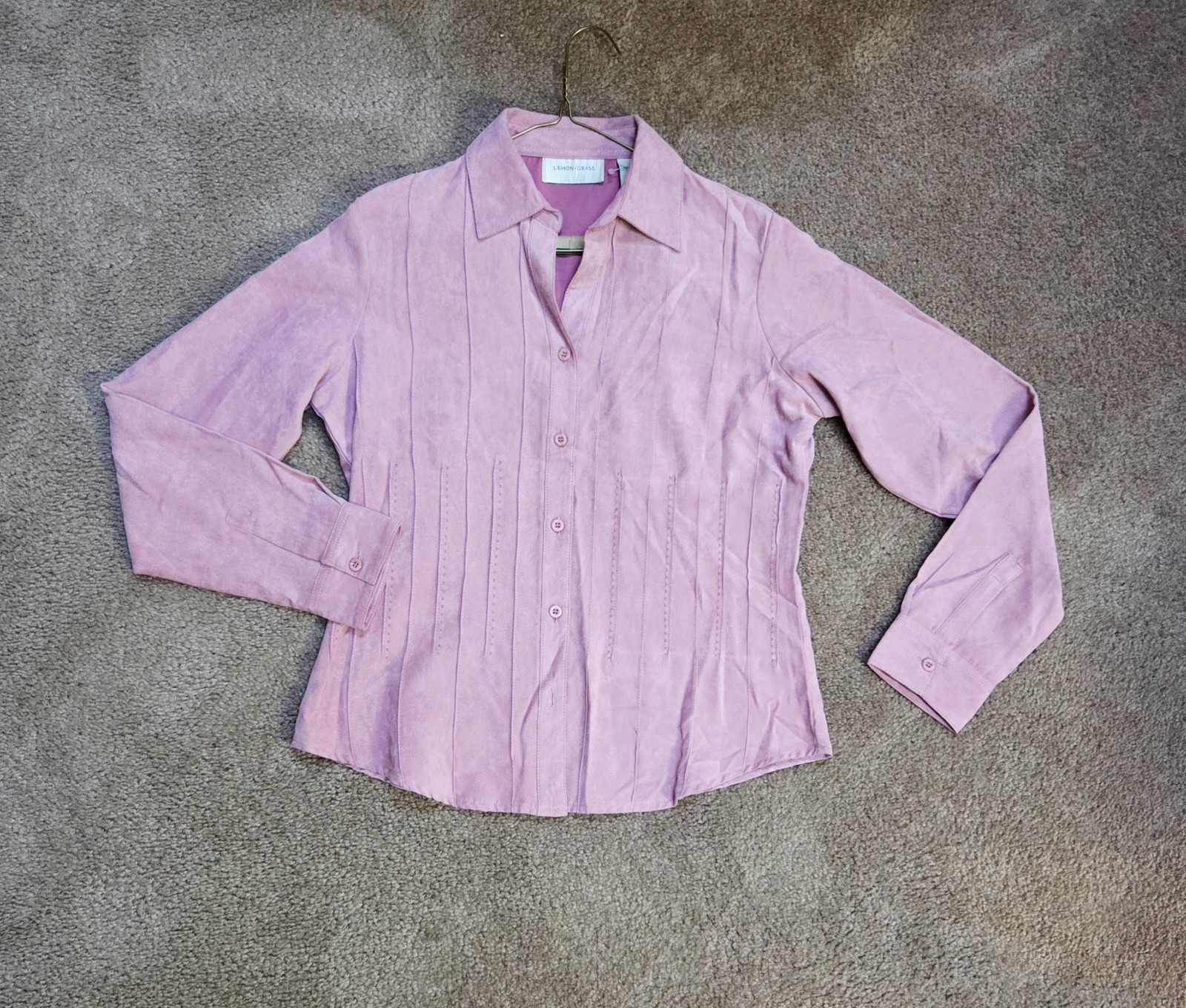Lemon Grass Pink Solid Suede Collared Button Front Long Sleeve Shirt S