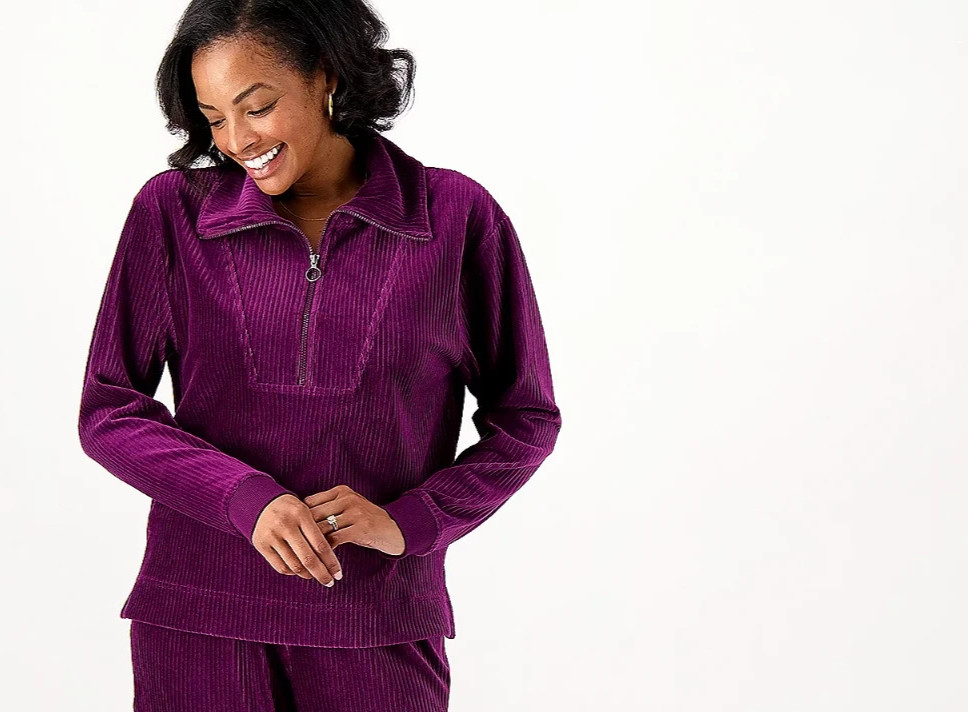 #1424 Encore by Idina Menzel Half-Zip Corded Velour Mock Neck Top Size S
