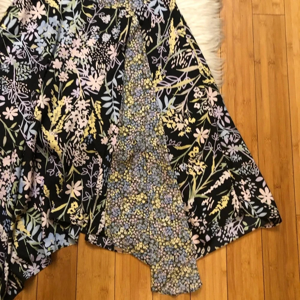 Calvin Klein Mixed Floral Asymmetrical Handkerchief Black Yellow Midi Dress 6