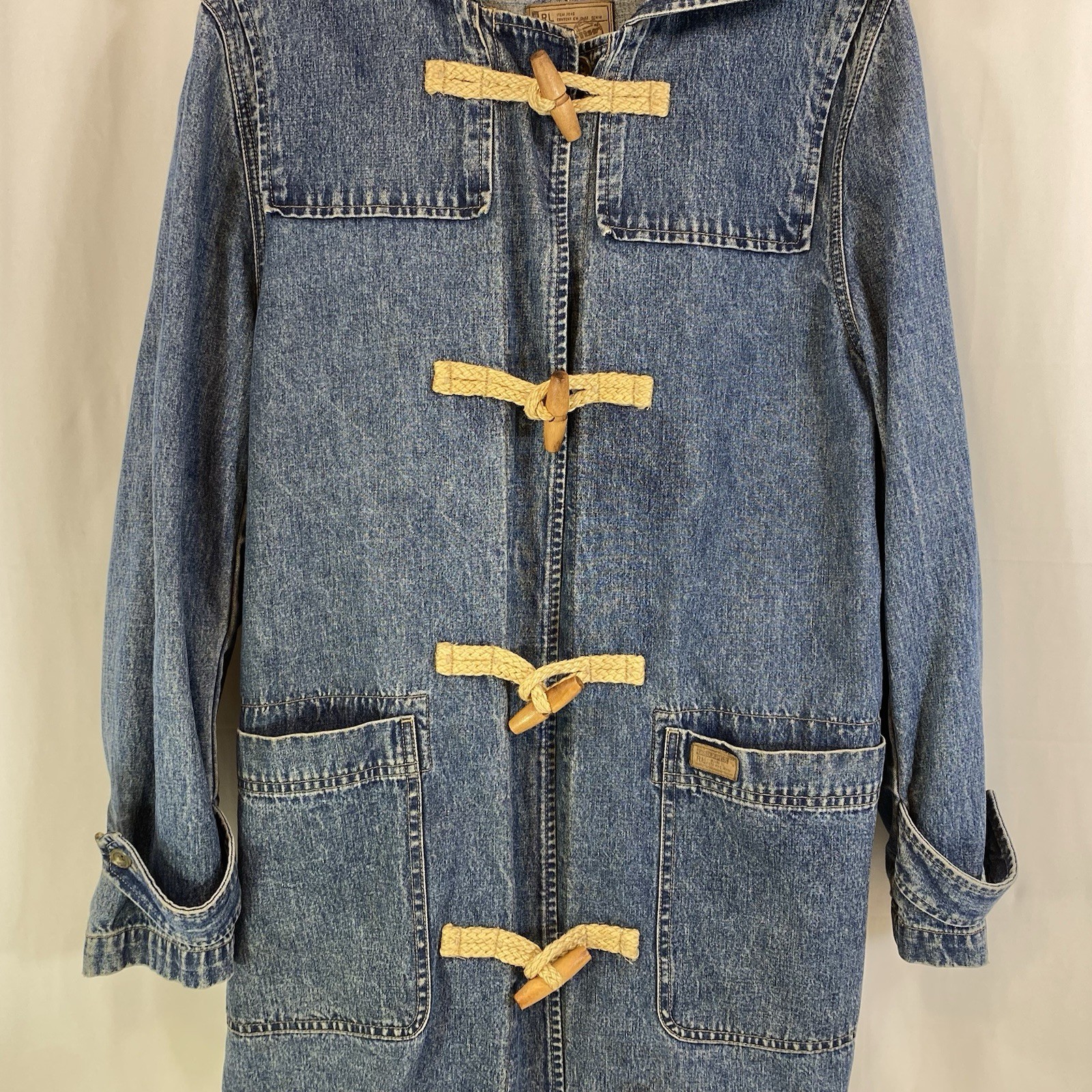 Vintage Ralph Lauren Denim Hooded Duster Jacket Chore Coat Toggle Womens M