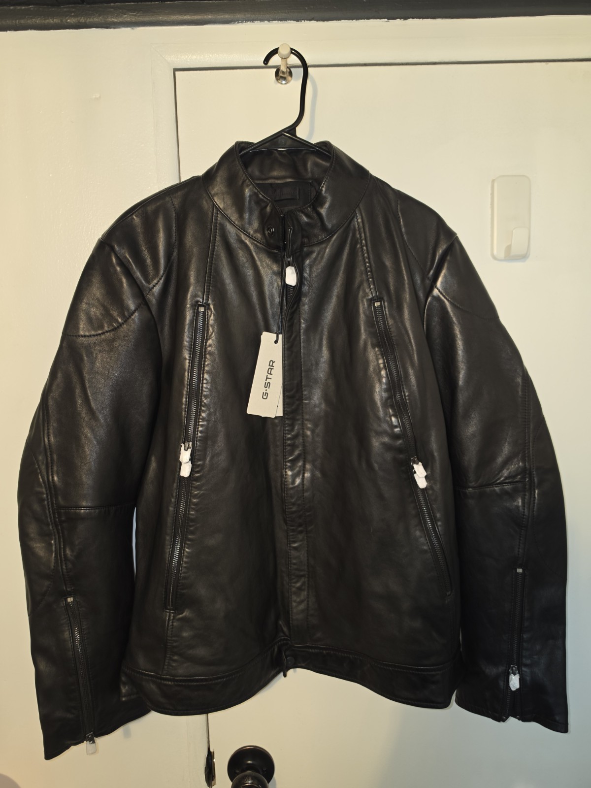 G-Star Men’s Black Leather Biker Jacket XL Full Zip Zipped Pockets Band Collar