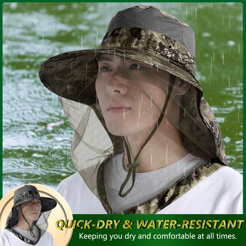 Mosquito Head Net Hat with Neck Flap Wide Brim Sun Protection Cap Hiking Fishing
