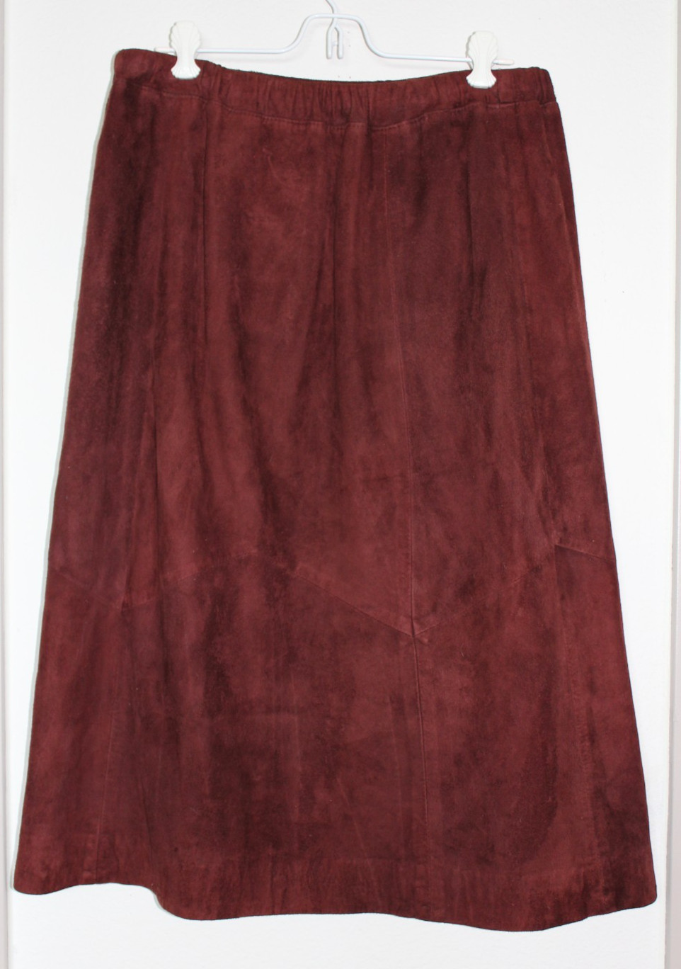 VTG 80s Suede Leather Designs Brown Burgundy Midi Skirt Chevron Panel Elastic L