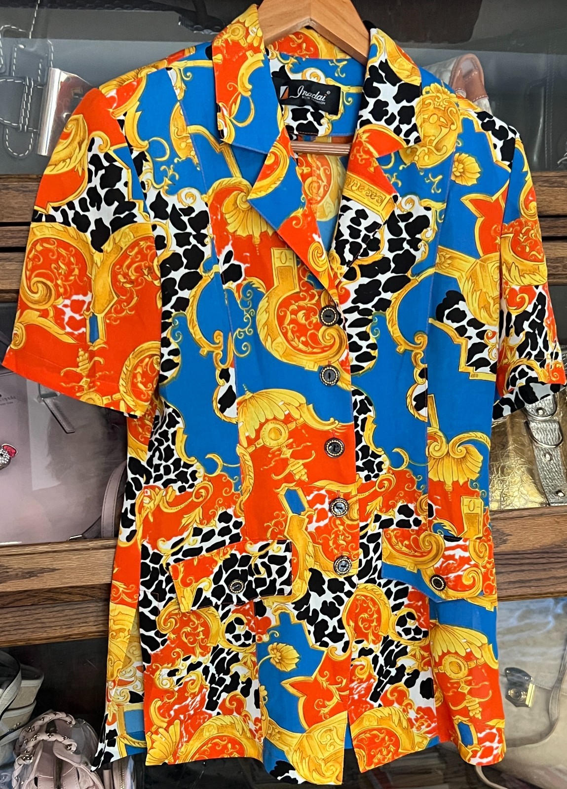 Women Abstract Multicolor Shoulder Padded Collared Short Sleeve Blouse
