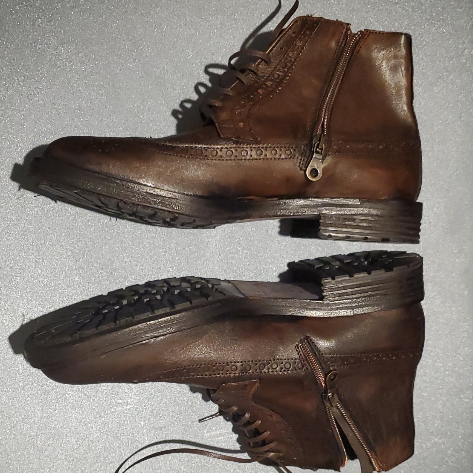 Men’s Brown Leather Wingtip Ankle Boots Lace-Up Side Zipper EU Sz R40/L41 Italy.