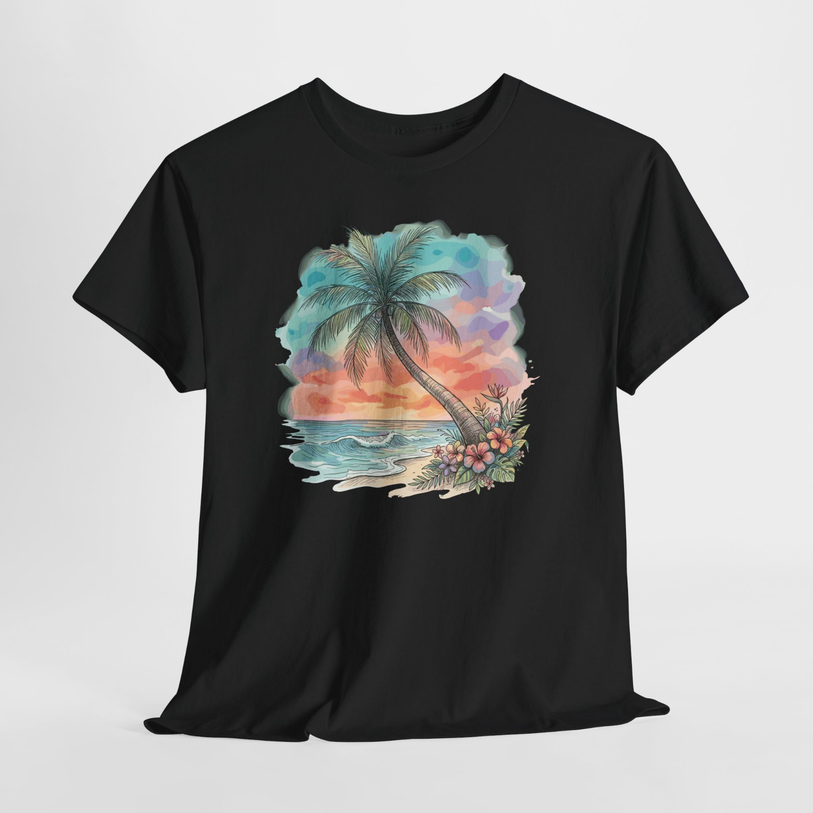 Sunset Beach Palm Tree Ocean Gift Graphic T Shirt Tee Top S-XL, Plus 2X 3X 4X 5X