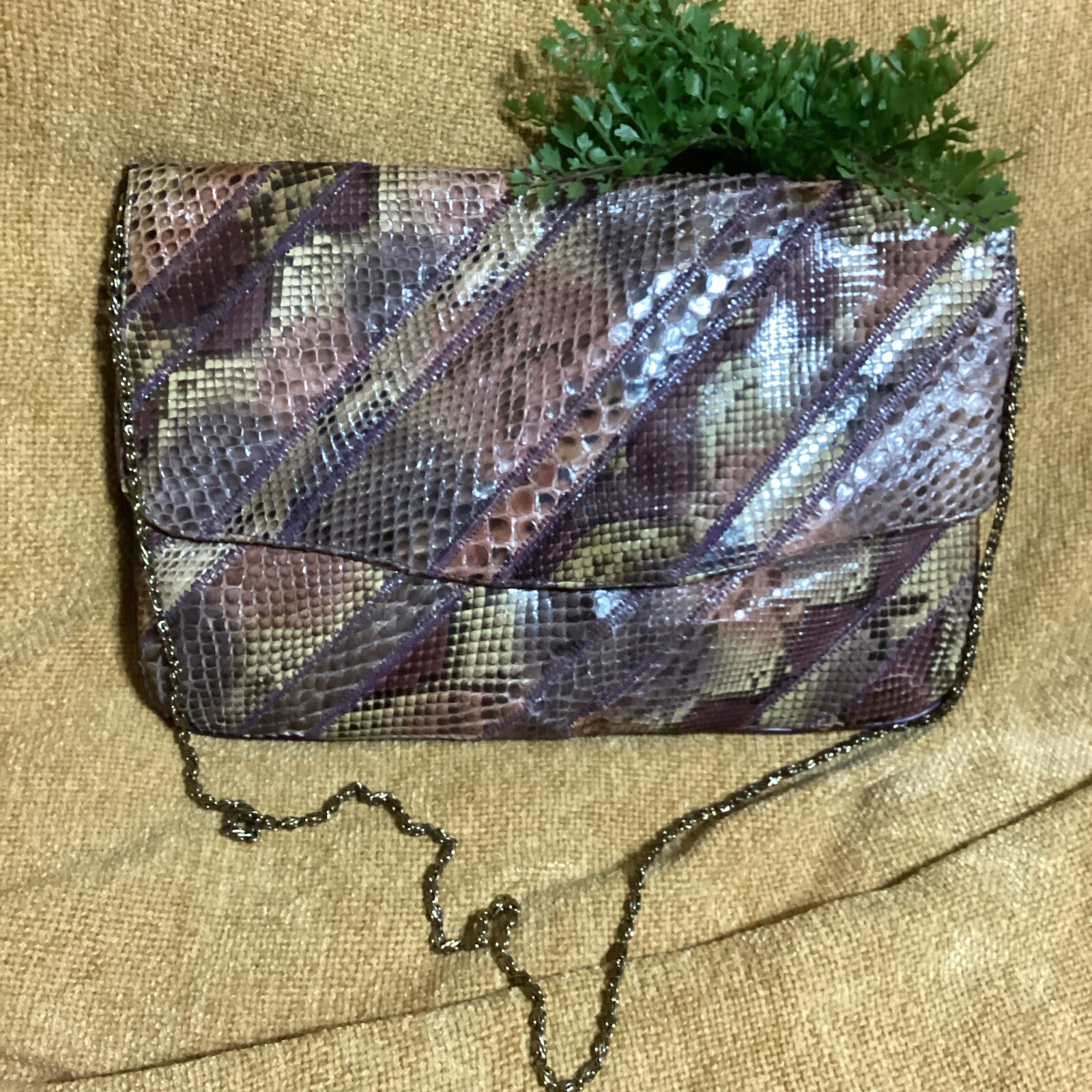Vtg 80’s Snakeskin Purple/Pink/Beige/Brown Clutch Purse Python Gold Chain Strap