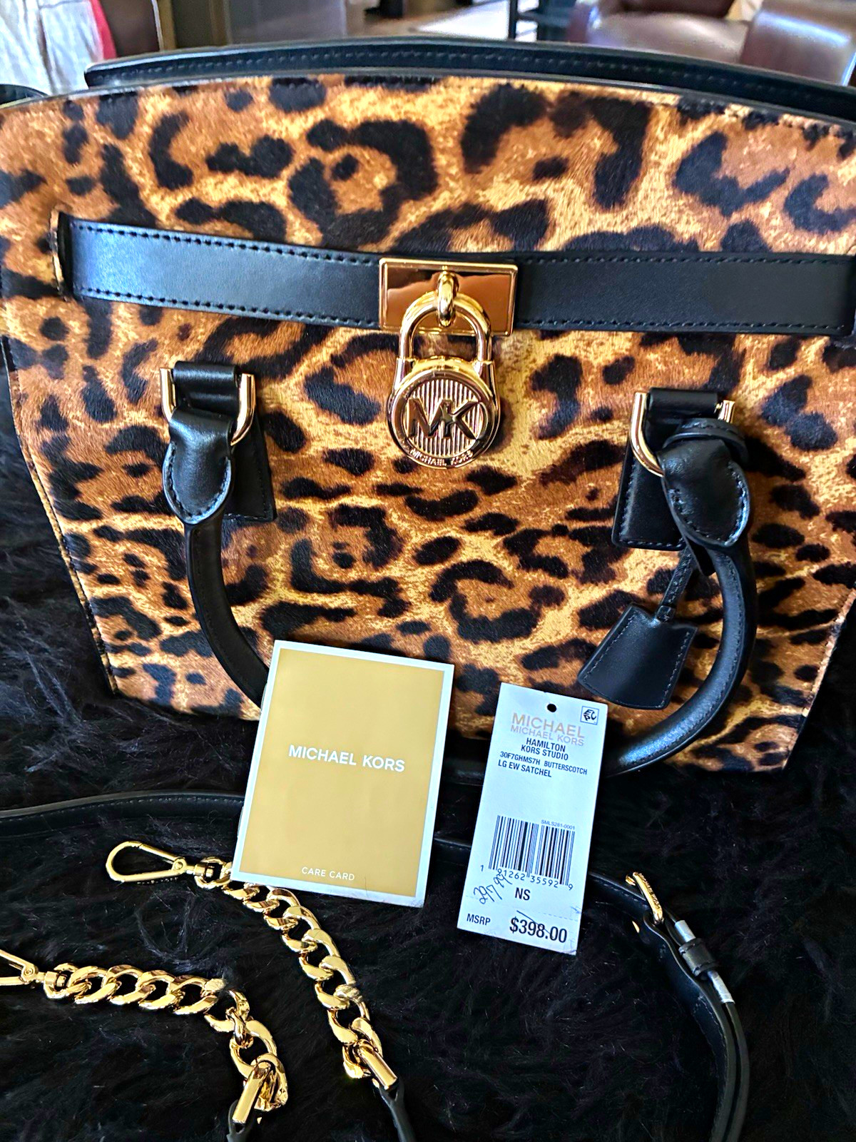 Michael Kors Large Leopard Animal Print Satchel Zip Padlock Strap Dust Bag