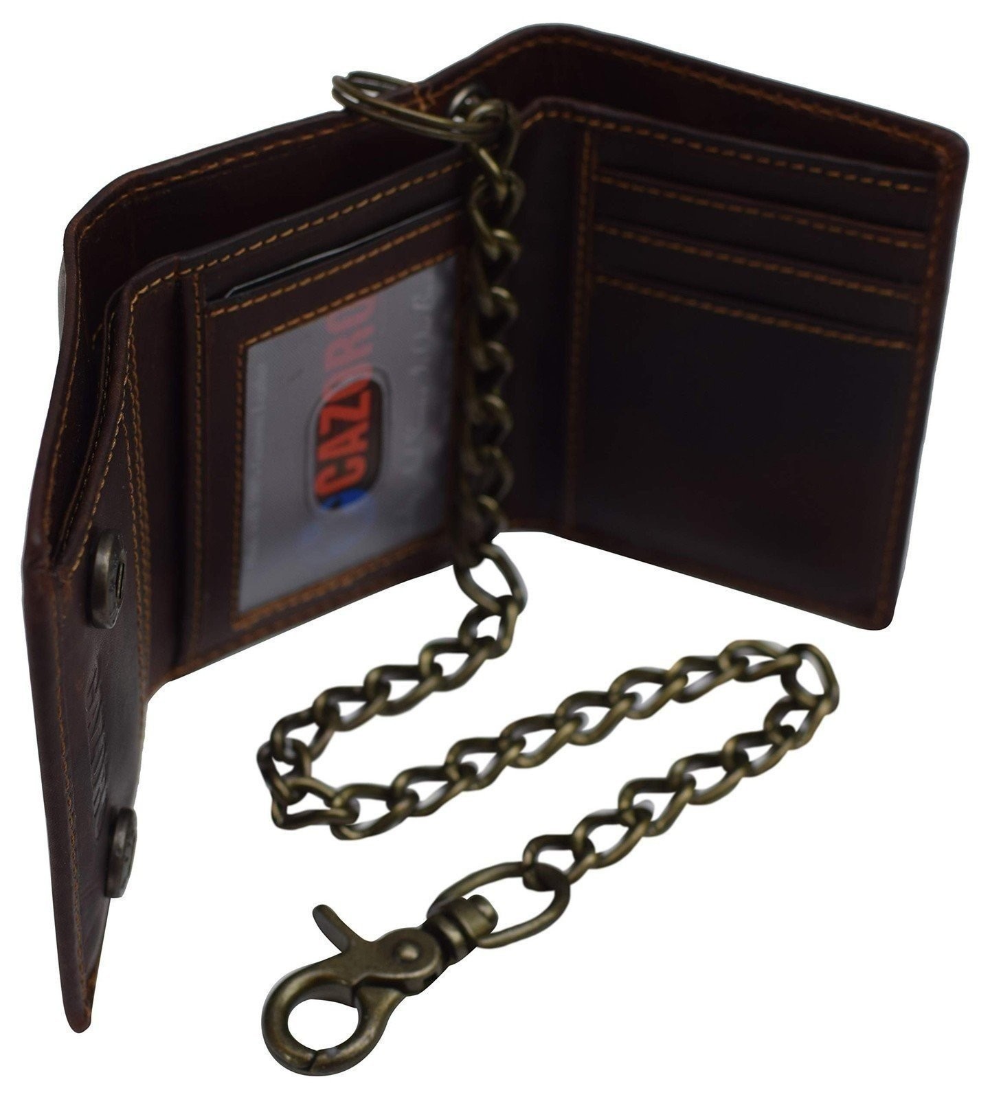 RFID Blocking Men’s Tri-fold Vintage Leather Biker Chain Wallet With Snap Closur