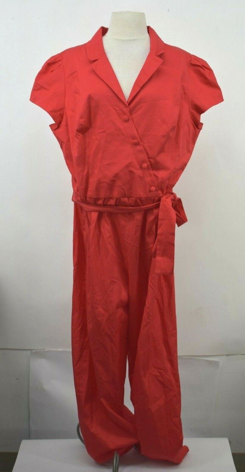 Gal Meets Glam Women Red Notch Collar Short Sleeve Tie Waist Cotton Jumpsuit 20