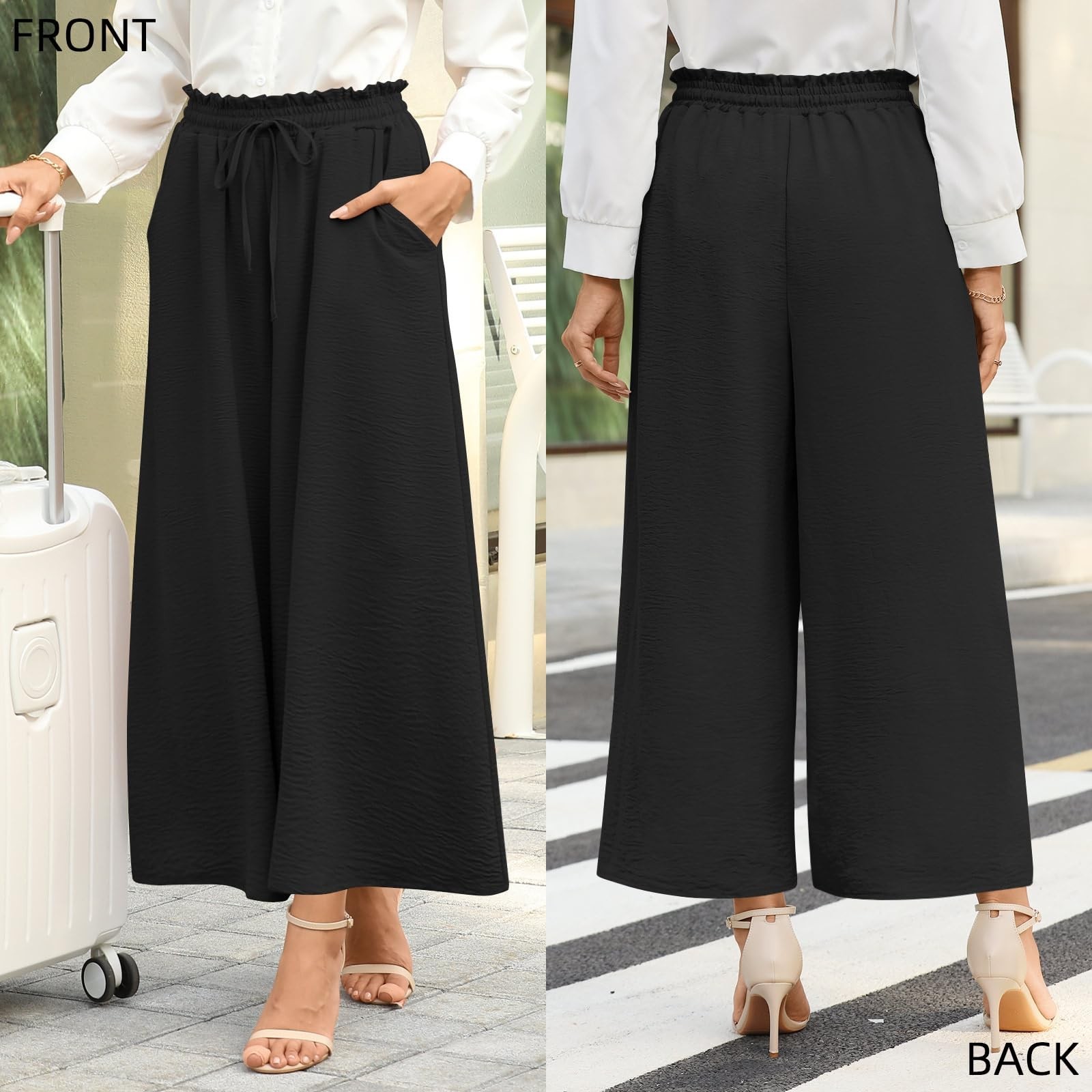 Bestbee Women’s Wide Leg Palazzo Pants Dressy Casual Gaucho Pants Elastic Wai…
