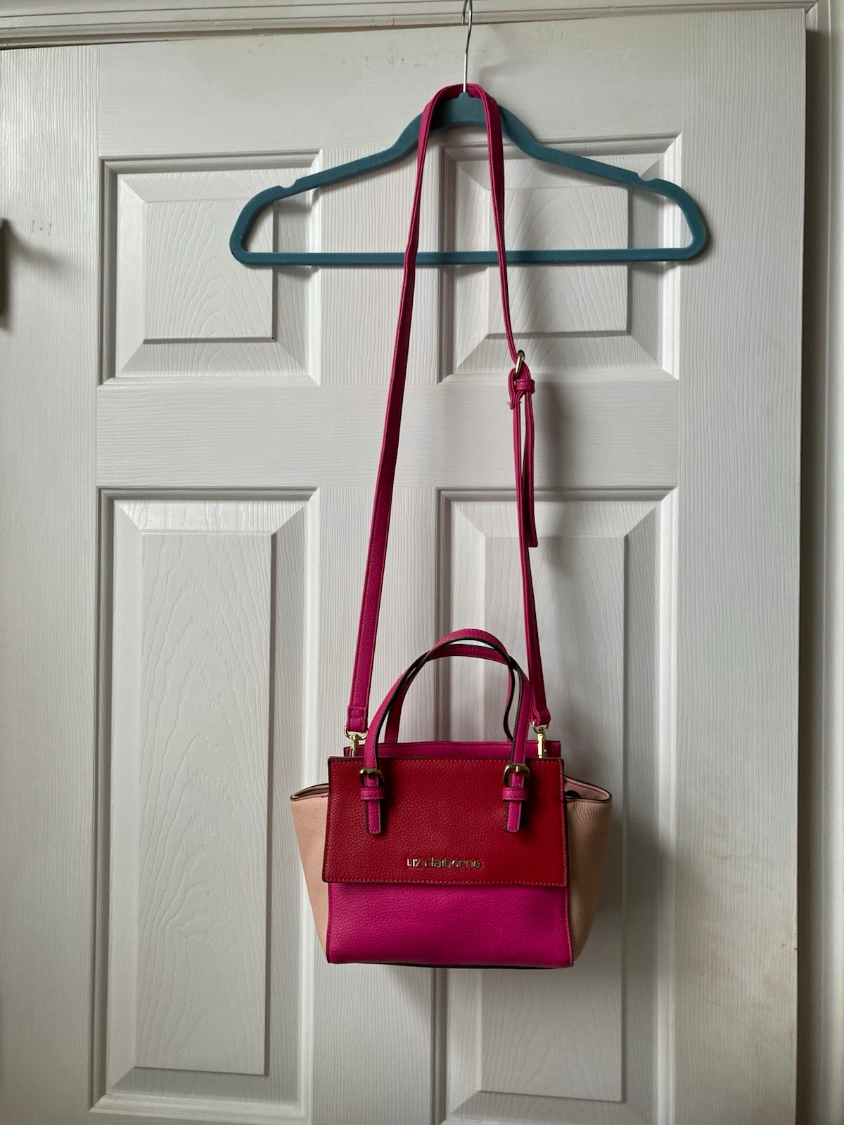 Liz Claiborne Pink Red Beige Colorblock Small Crossbody Satchel Zip Pockets