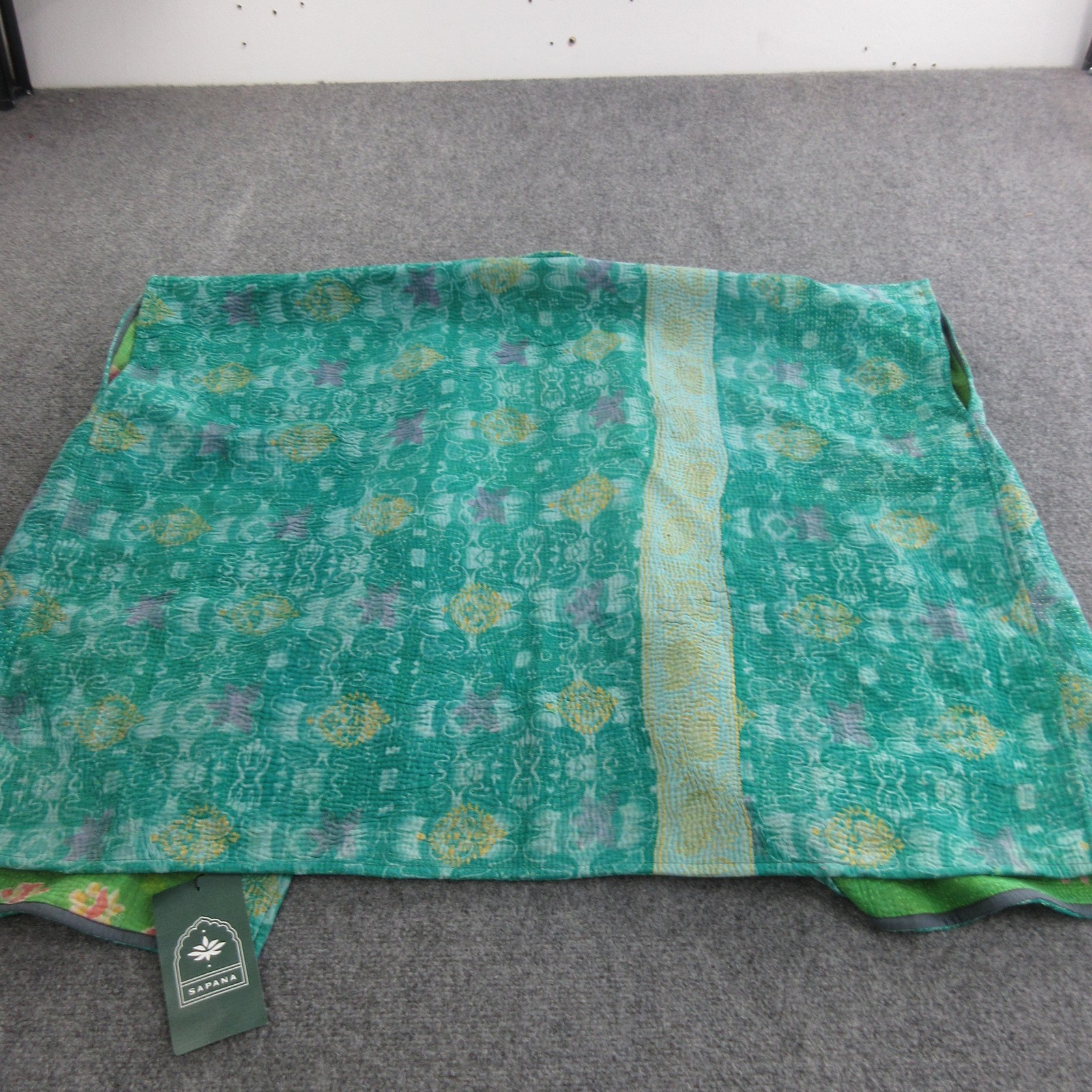 Sapana Coat Womens One Size Green Quilted Kantha Blanket Floral Boho Open Front