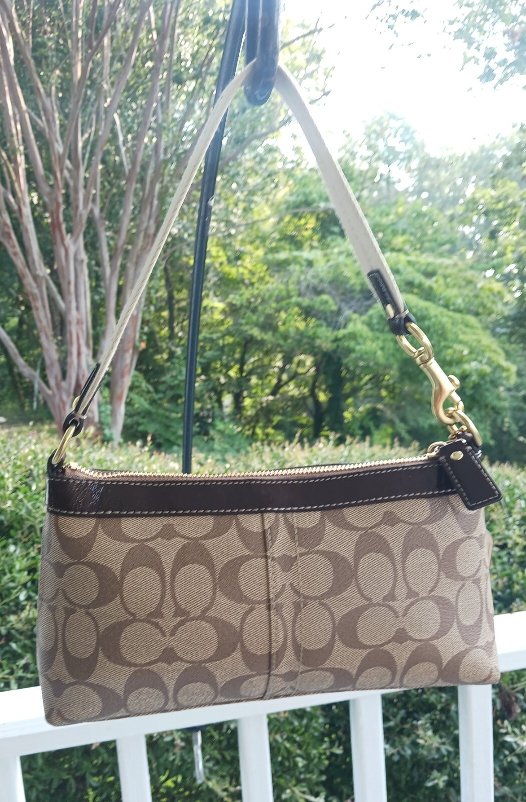 Coach 11562 Signature C Beige Coated Canvas & Patent LeatherBaguetteShoulder Bag