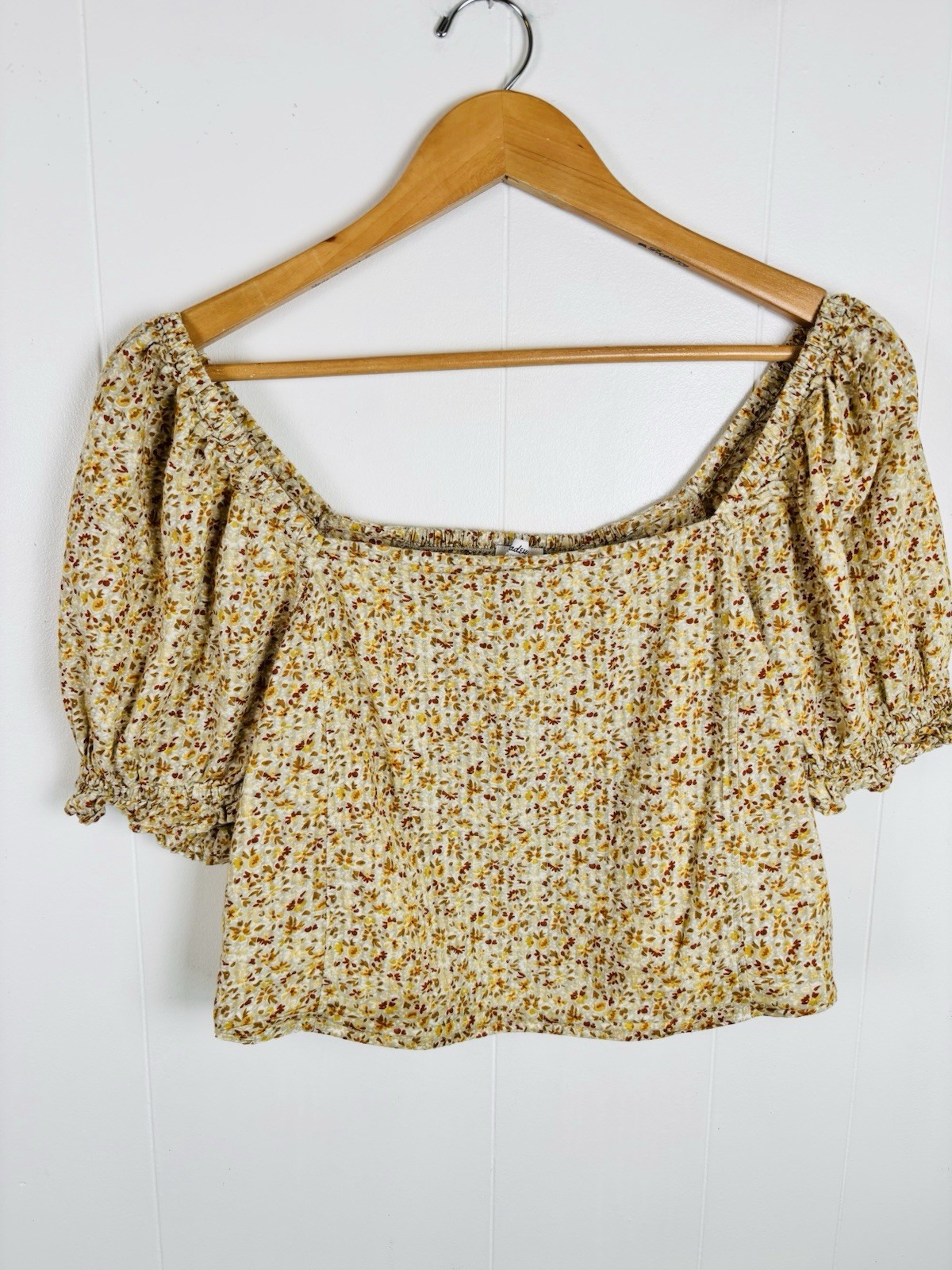 Madewell Size Medium Floral Puff Sleeve Crop Top Smocked Earthtones Green Brown
