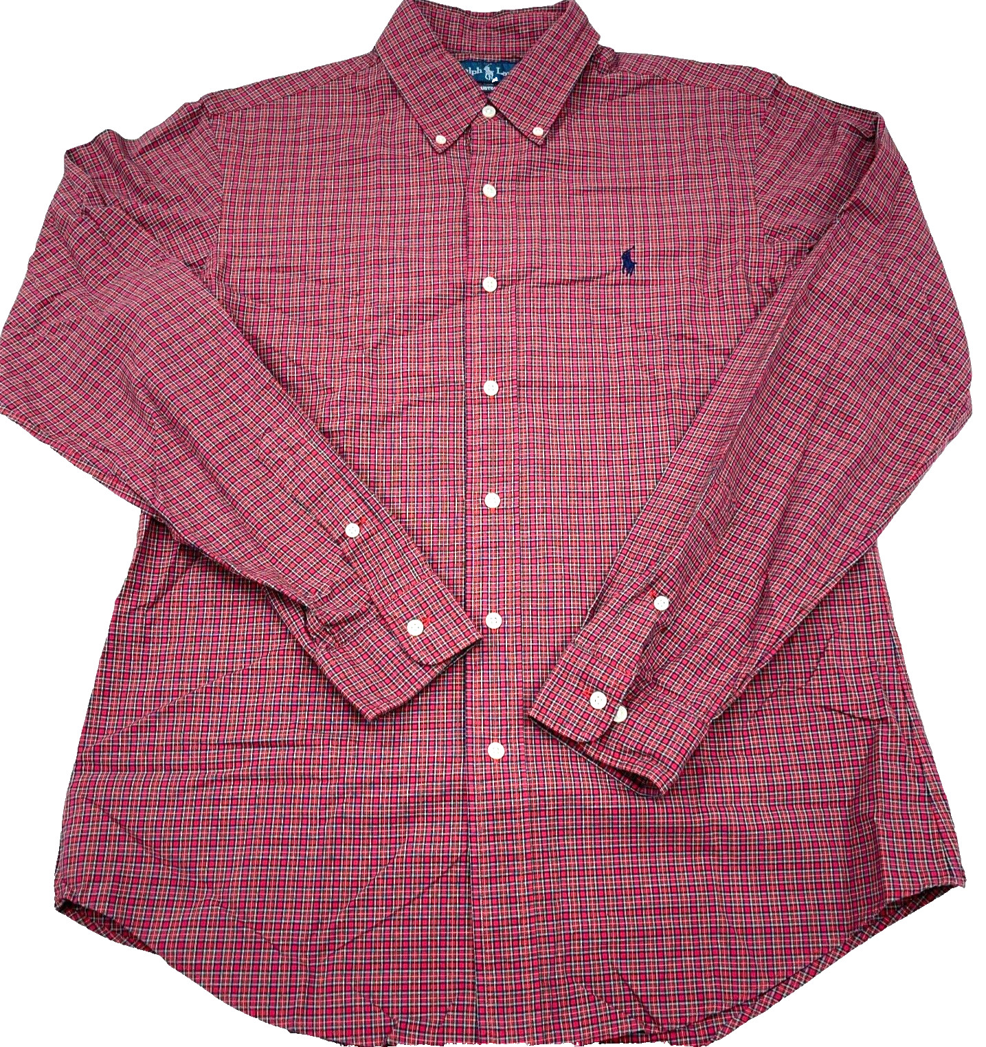 Ralph Lauren Shirt Men 15.5 34 Red Blue Button Up Custom Fit Plaid Dress Poplin