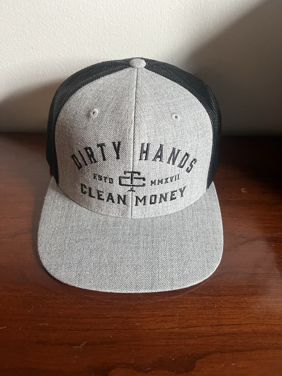 Troll Co. Dirty Hands Clean Money Trucker Hat Heather Grey Black Mesh Snapback