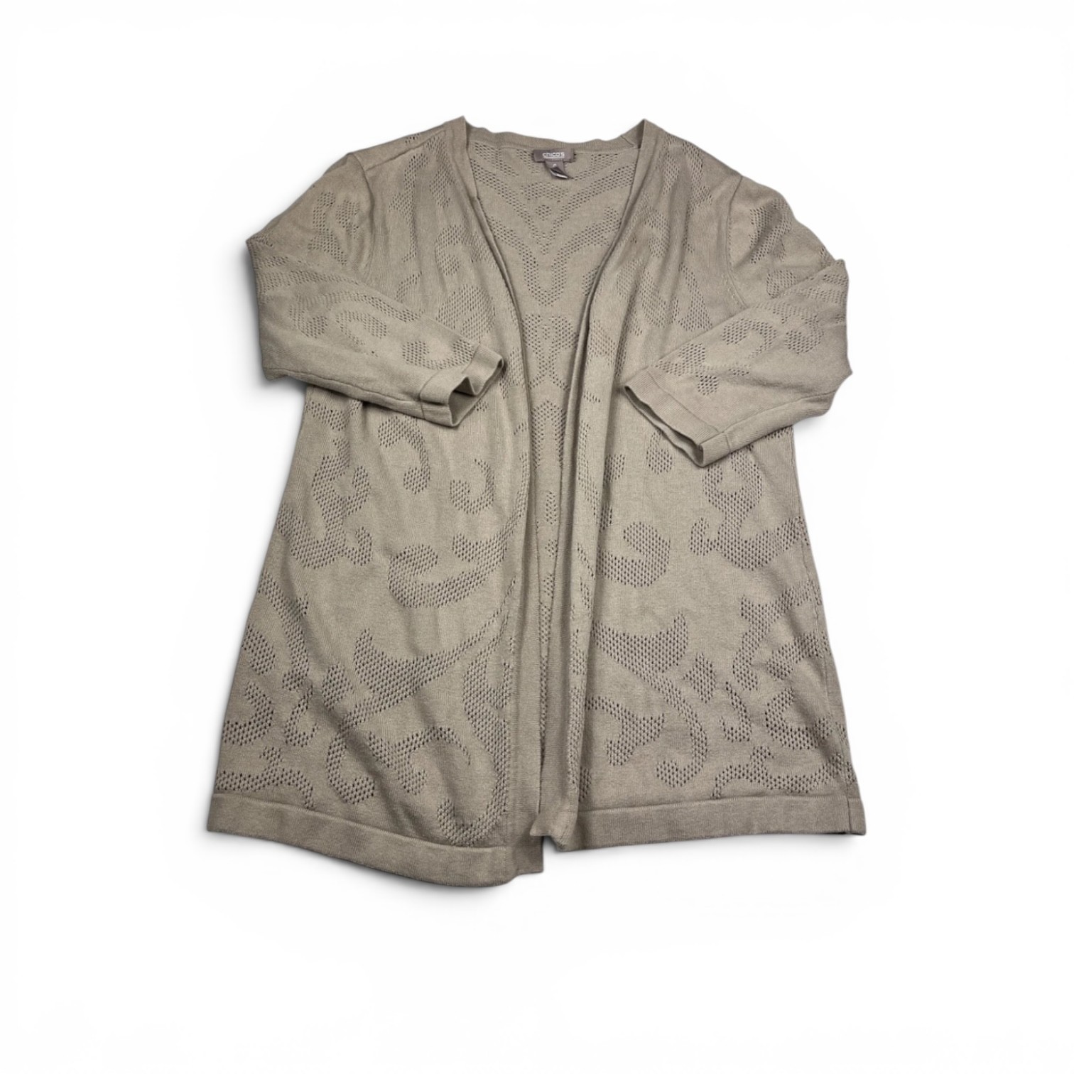 Chicos Longline Open Front Cardigan Tan Tonal Jacquard Layering Knit Sweater 2 L