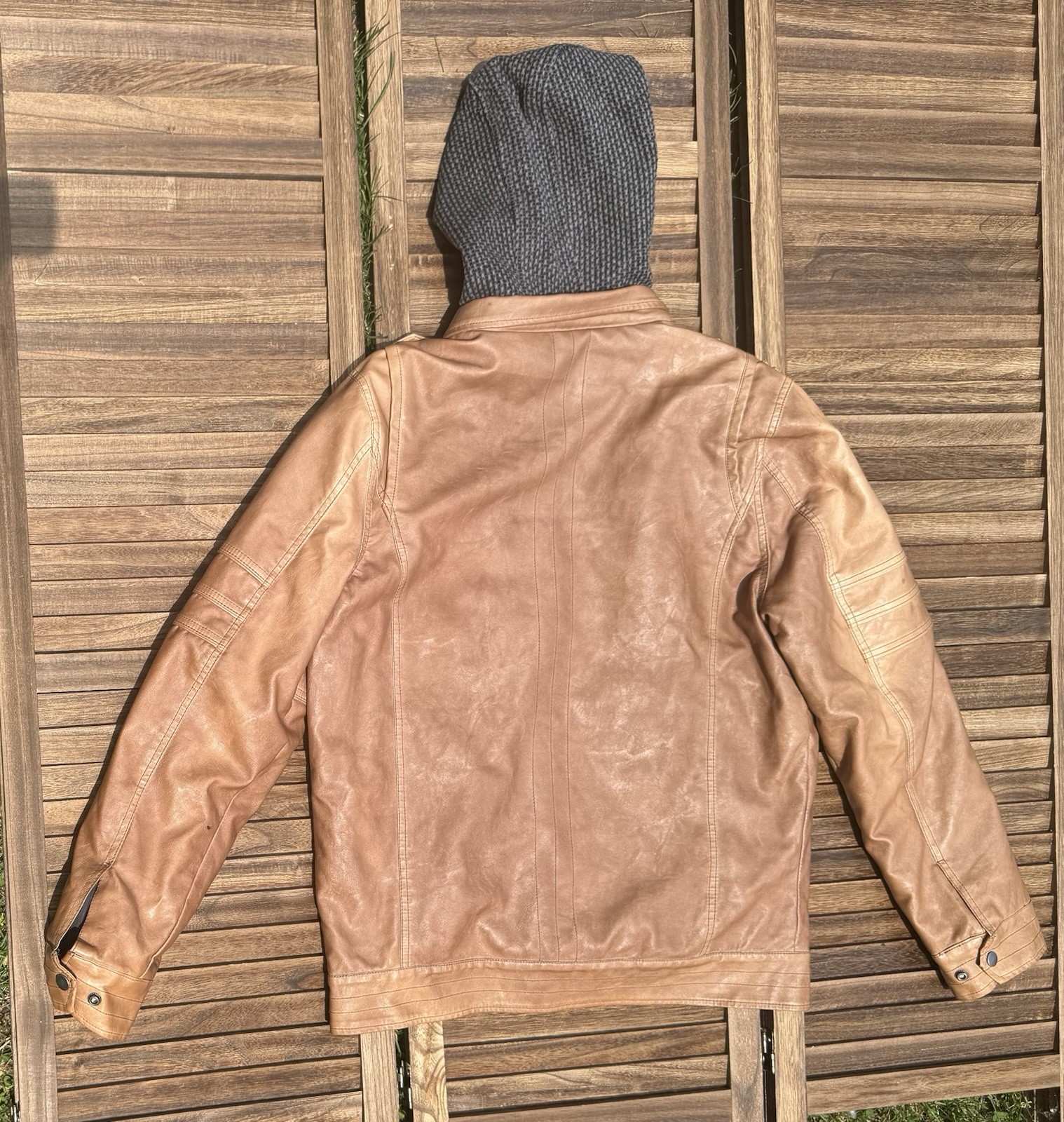 Indigo Star XL Brown Faux Leather Jacket w/ Detachable Hood Moto Style