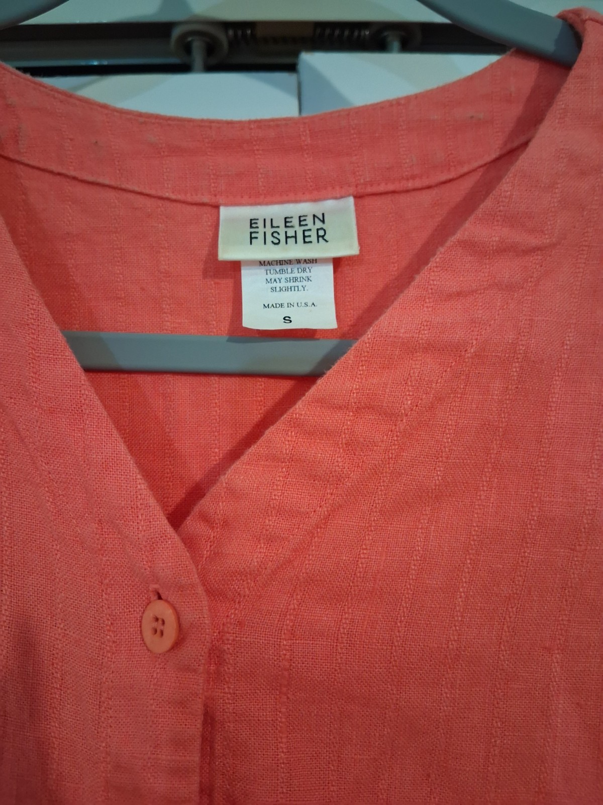 Eileen Fisher Orange Linen Woven Button Front Short Sleeve V-Neck Blouse S