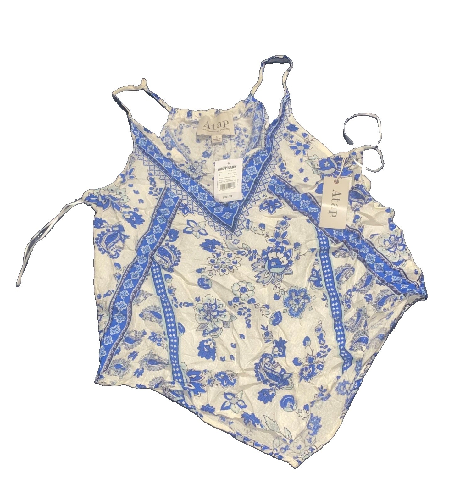 NWT Atap Bandana Handkerchief Hem Cami Top Blue White Paisley Boho Size S