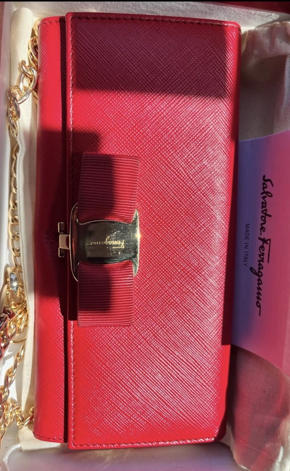 Salvatore Ferragamo Red Small Shoulder Bag Chain Strap Bow Logo Gold Hardware