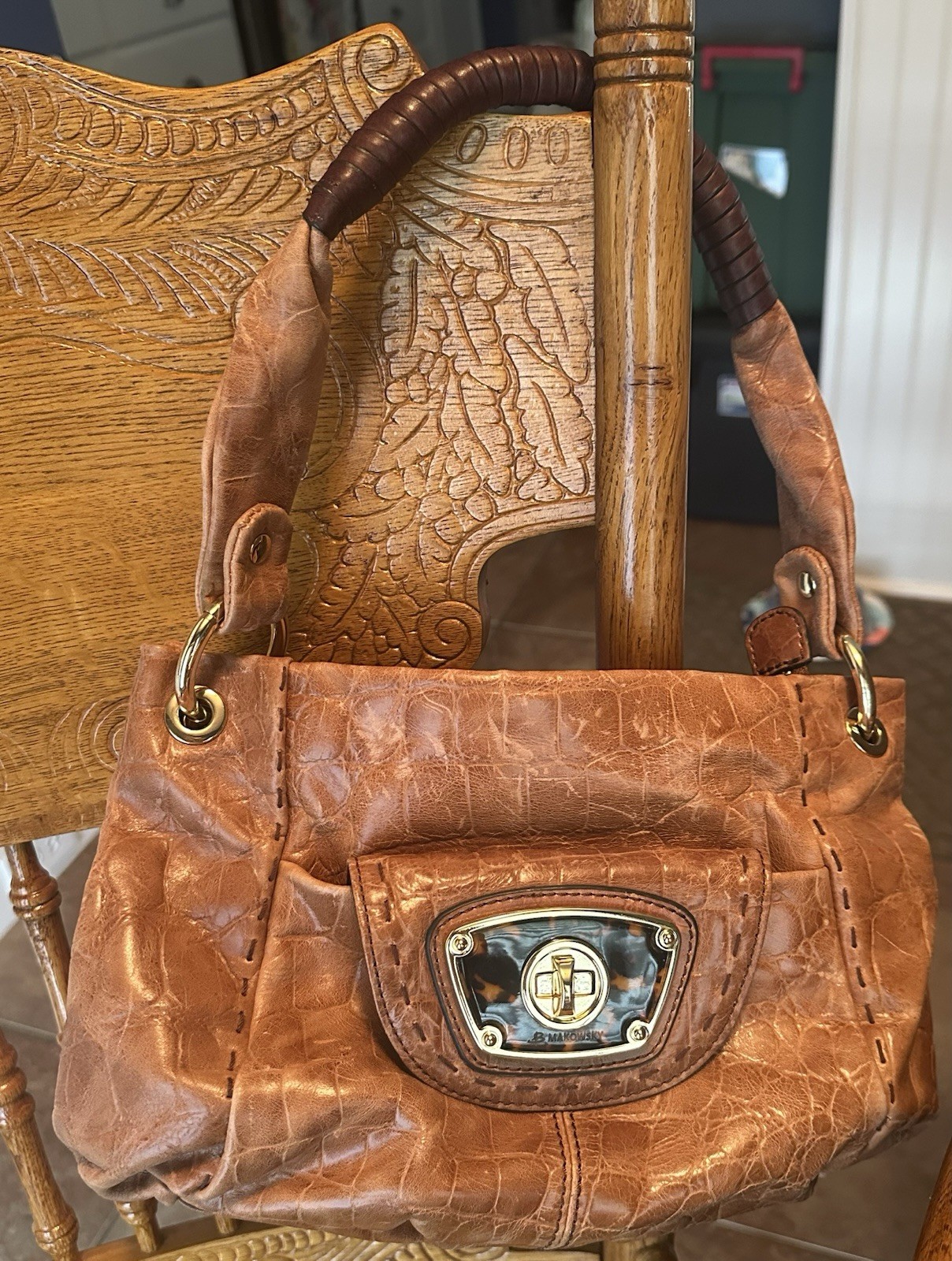 B Makowsky Light Brown Leather Hobo Shoulder Bag w Tortoiseshell & Single Strap