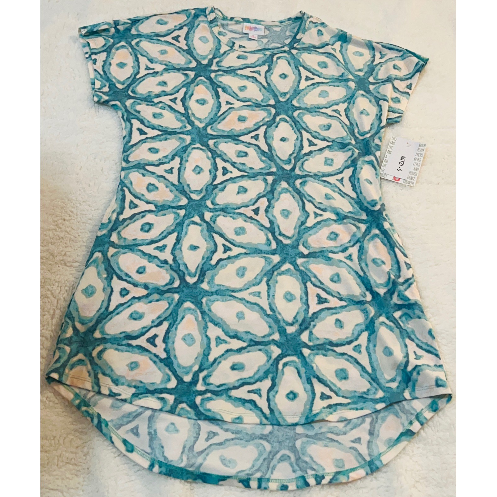 LuLaRoe Mitzi Top Small Teal White Geometric Kaleidoscope High Low Tunic NWT