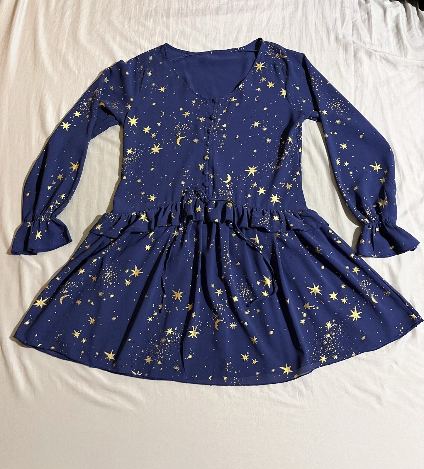 Womens Blue Gold Star Moon Print V-Neck Button Front Fit & Flare Dress M