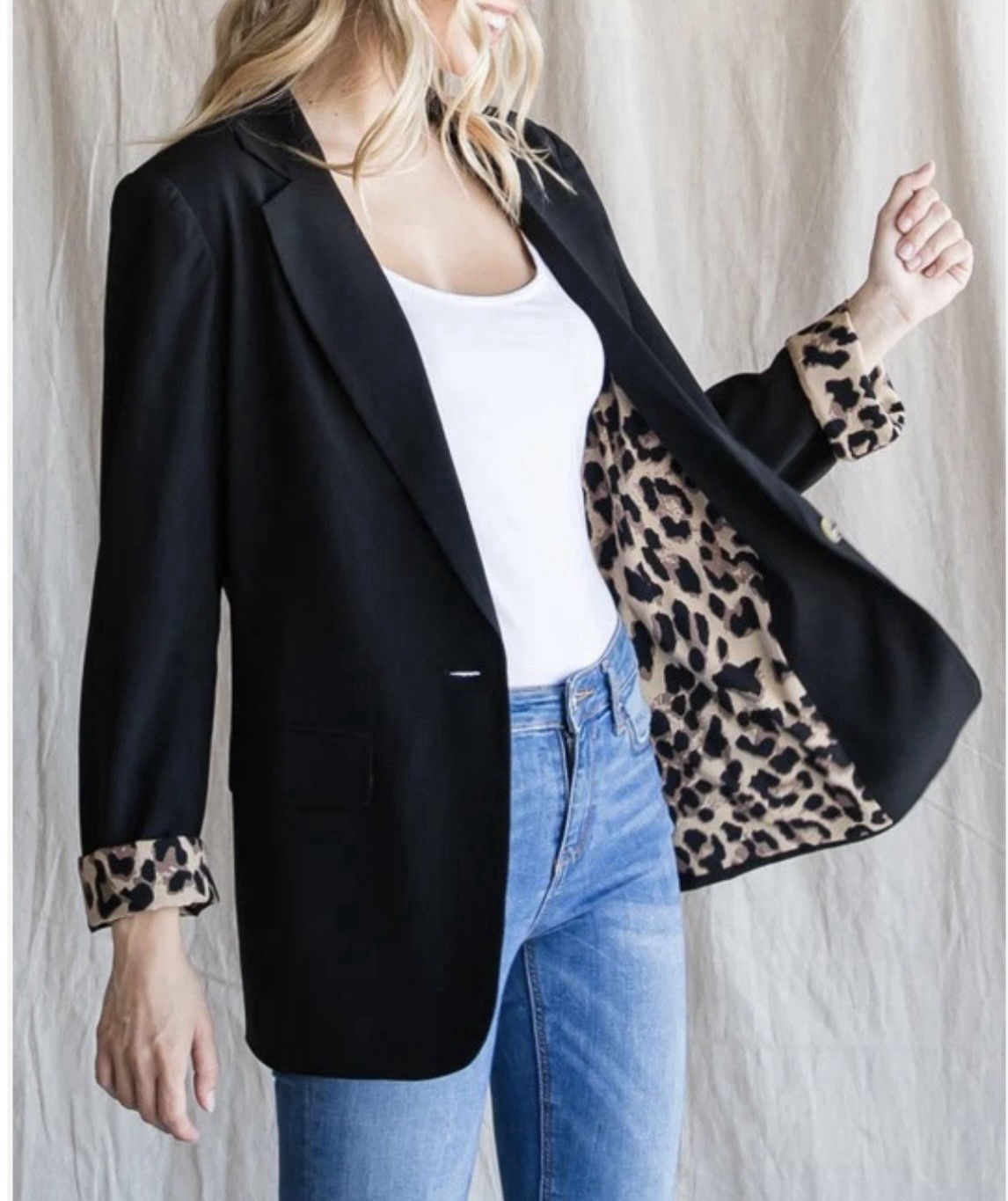 JODIFL Black Single Button M Blazer Leopard Lining Office Casual Every Day Chic