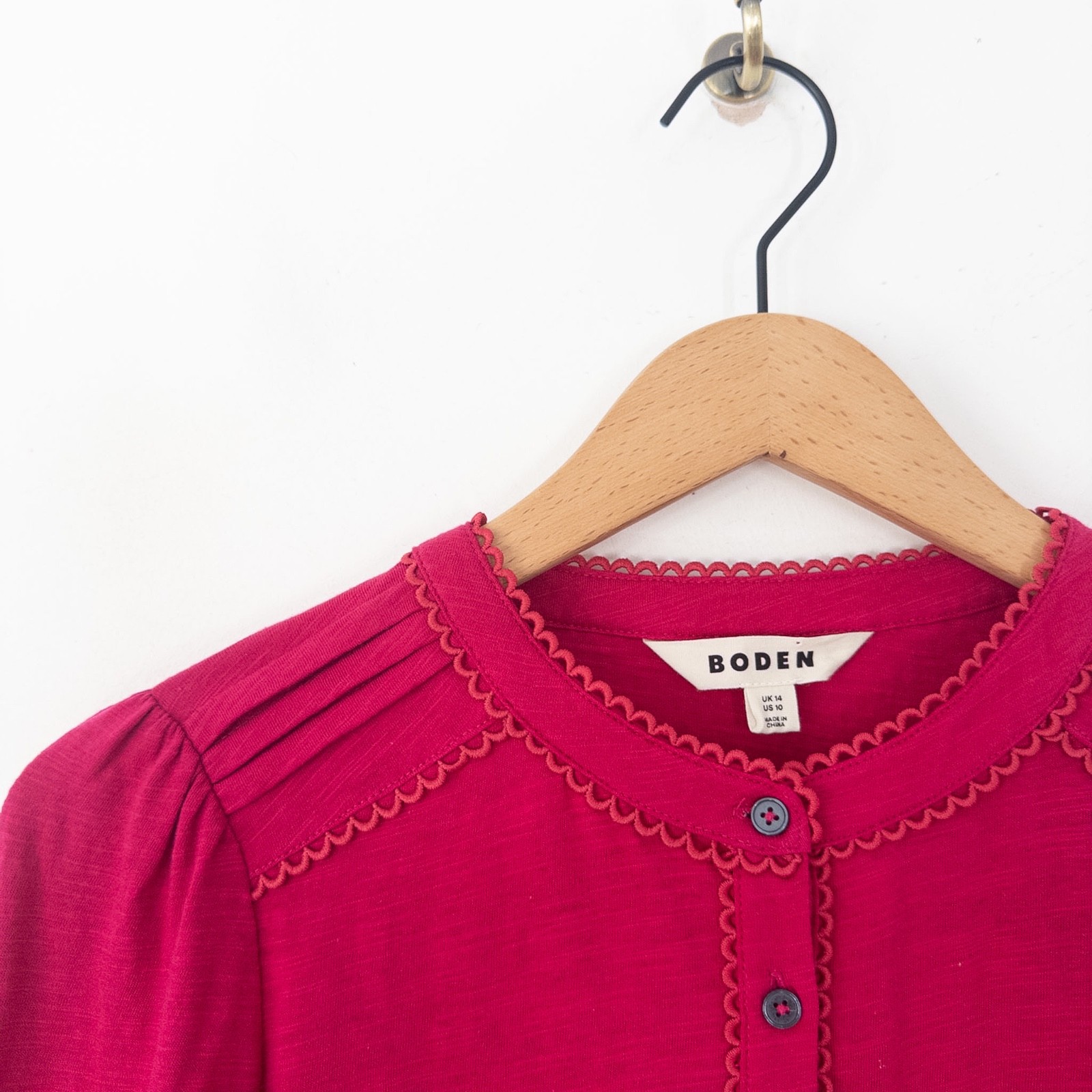 Boden Cotton Henley Blouse Top Size 14 Raspberry Pink Embroidered Long Sleeve
