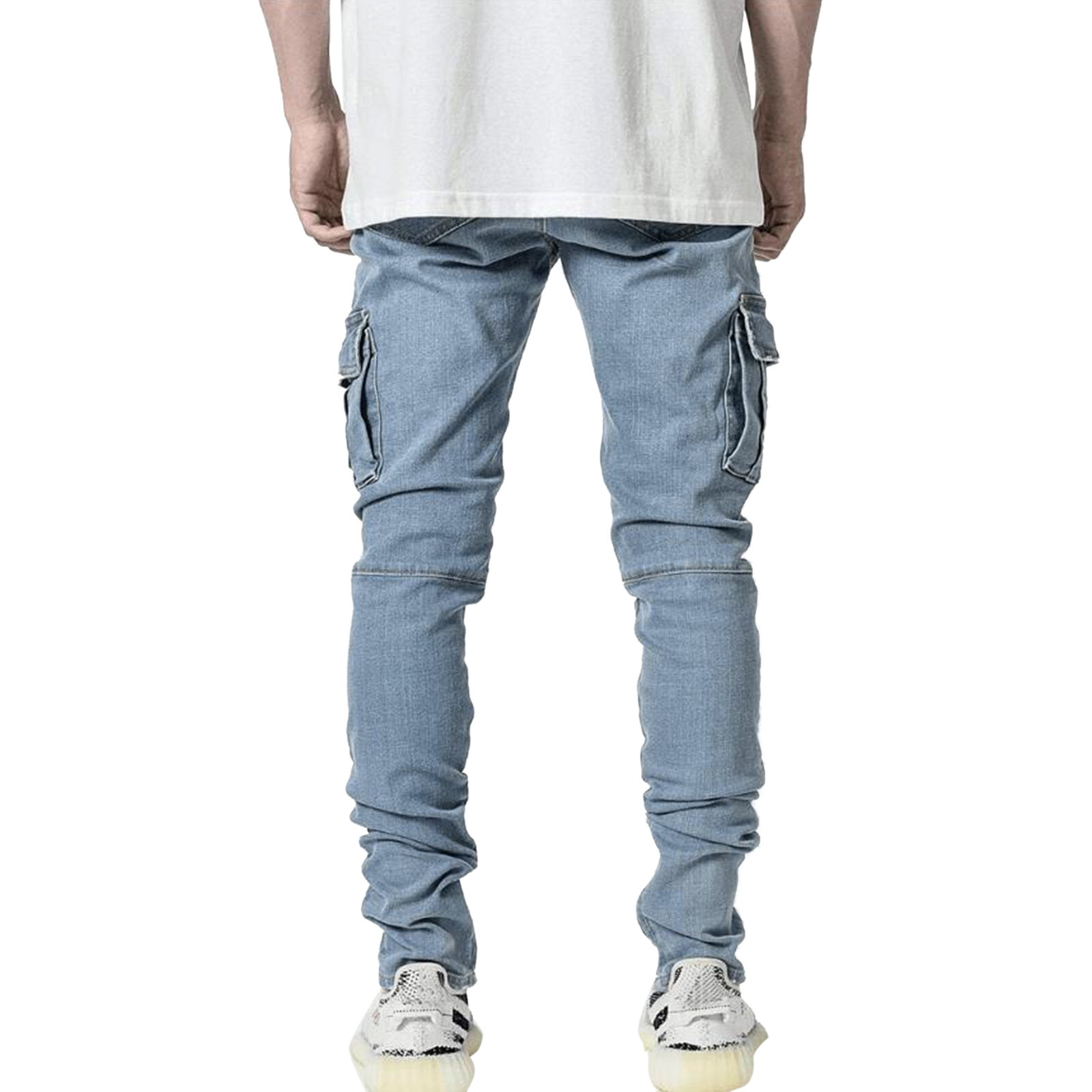 Large SIze Mens Soild Straight Hole Buckle Zipper Middle Waist Denim Long Pants