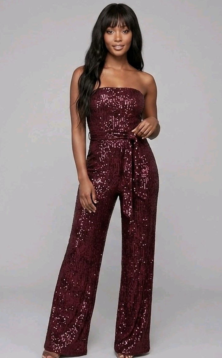 NWT! LULUS Flirty Moves Wine Red Sequin Strapless Wide-Leg Jumpsuit! Size M