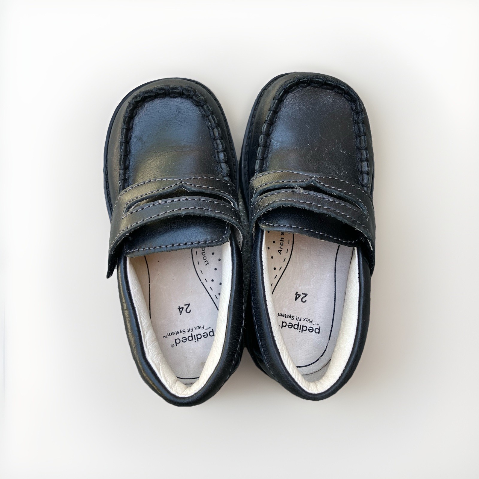 pediped Flex Black Leather Hook & Loop Loafers, Boy Kids EU 24 US 8