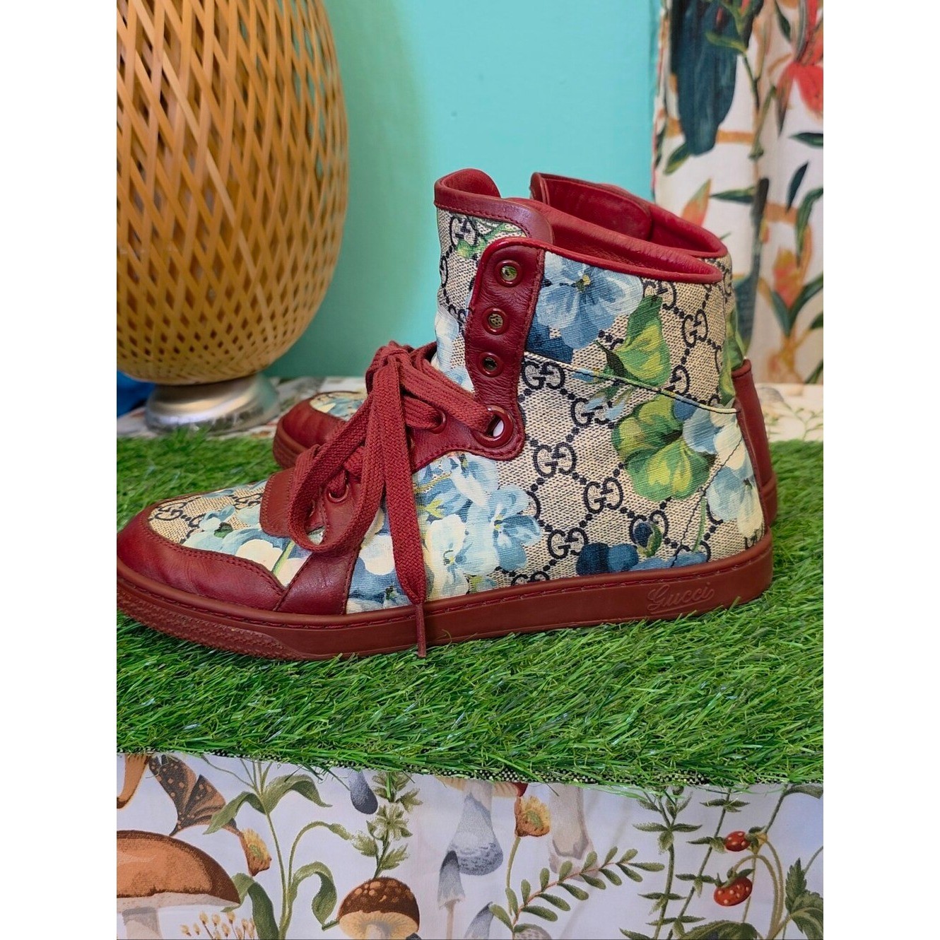 Gucci GG Blooms Floral High Top Sneakers Red Leather Canvas Shoes Size 37