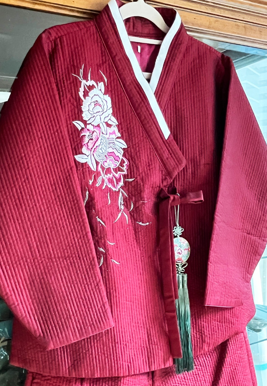 S-M Traditional Korean Modern Hanbok Set-Quilted Nubi Burgundy Top/ Pants /Scarf