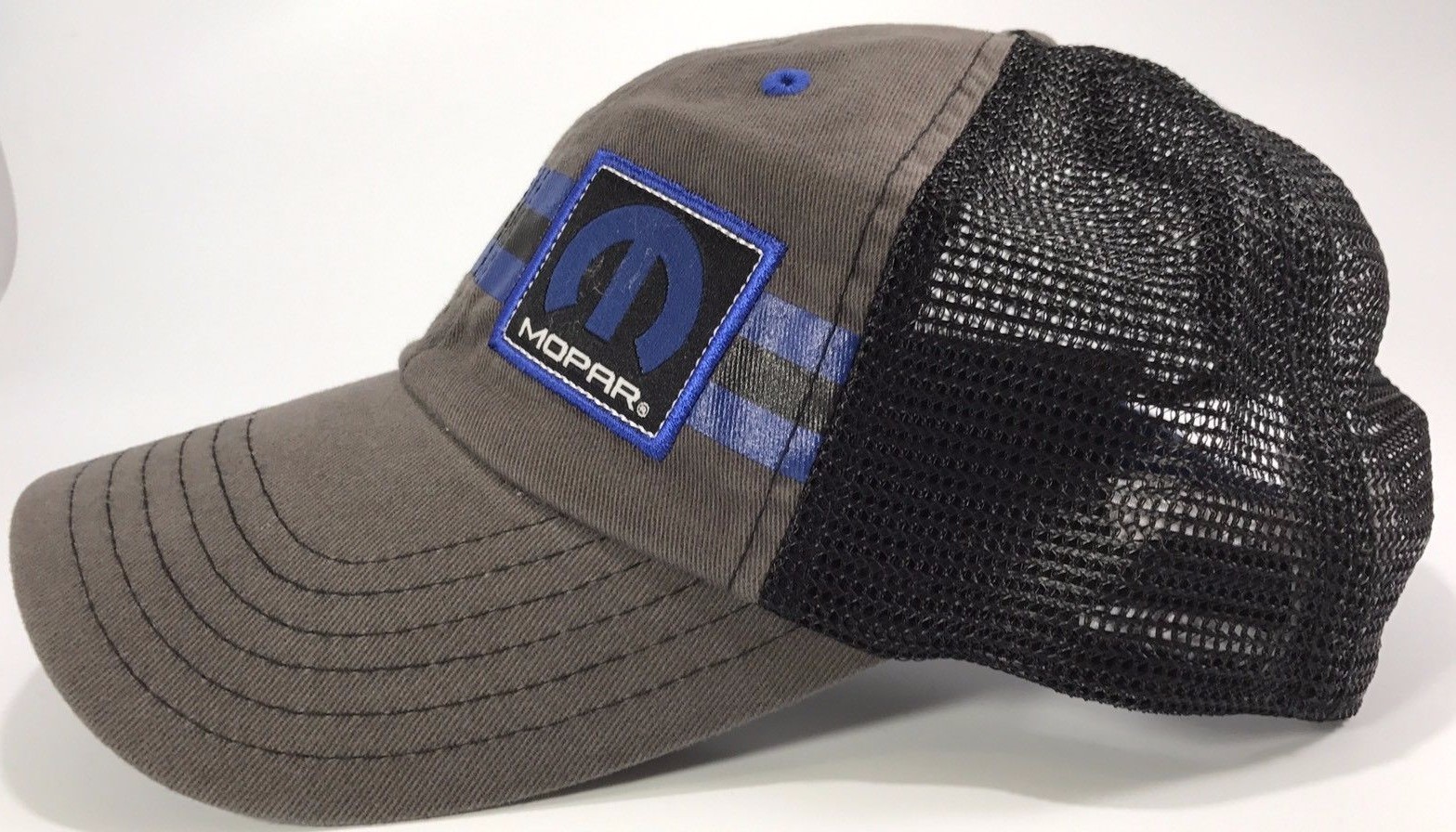 Gray & Black Hat / Cap w/ Blue Mopar “M” Logo / Emblem w/ Black & Blue Stripe