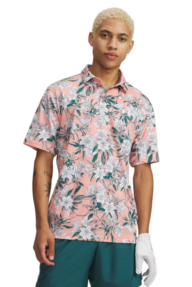 Under Armour Men’s Polo UA Matchplay Printed Floral Peach Green White NWT Golf