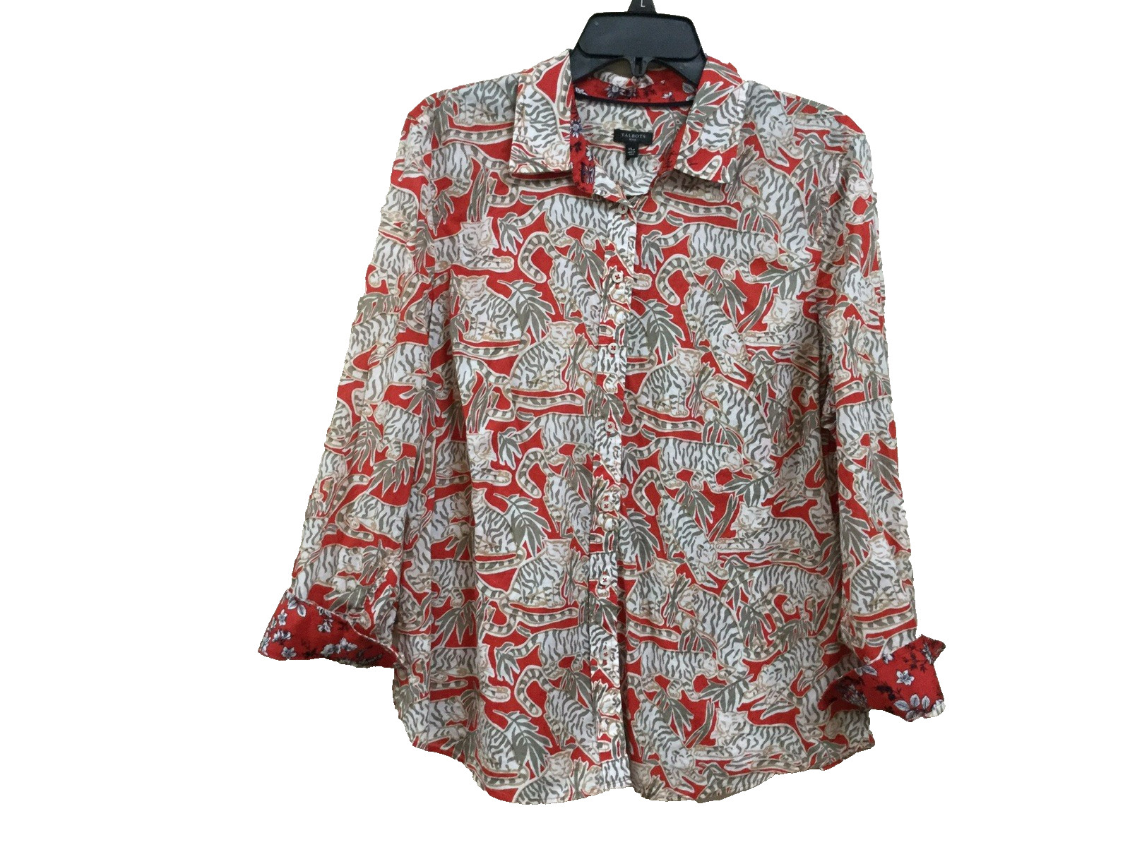 Talbots women Petite Size XLp Blouse Top Shirt Button safari Animal Red Green