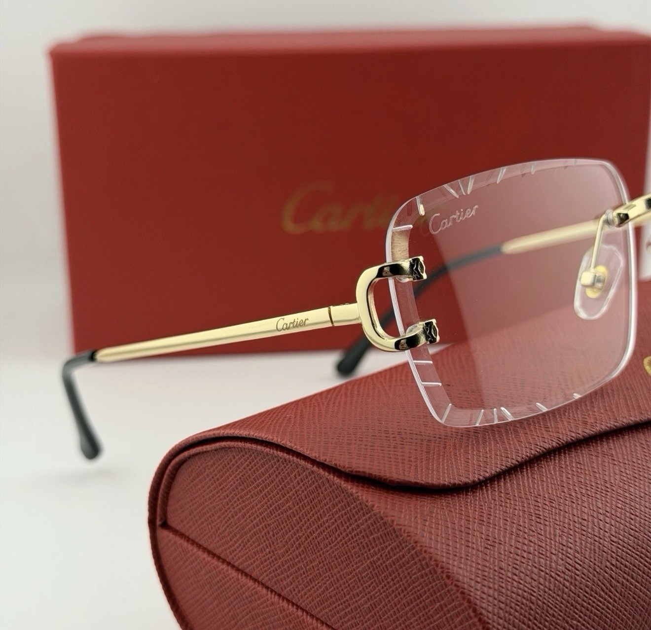 Cartier Big C Diamond Cut Clear Frameless Lens Gold Frame