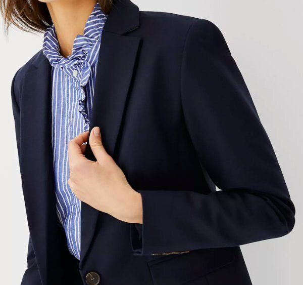 ANN TAYLOR NIGHT SKY BLUE THE SHORTER ONE BUTTON STRETCH COTTON BLAZER JACKET 0