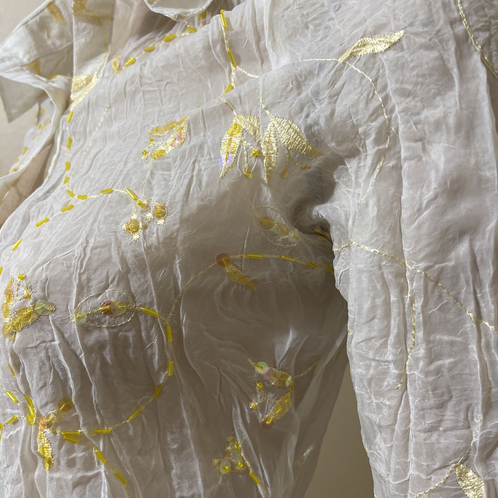 Women’s Ivory Polyester Sheer Yellow Embroidering Beaded Size L Button Up Top