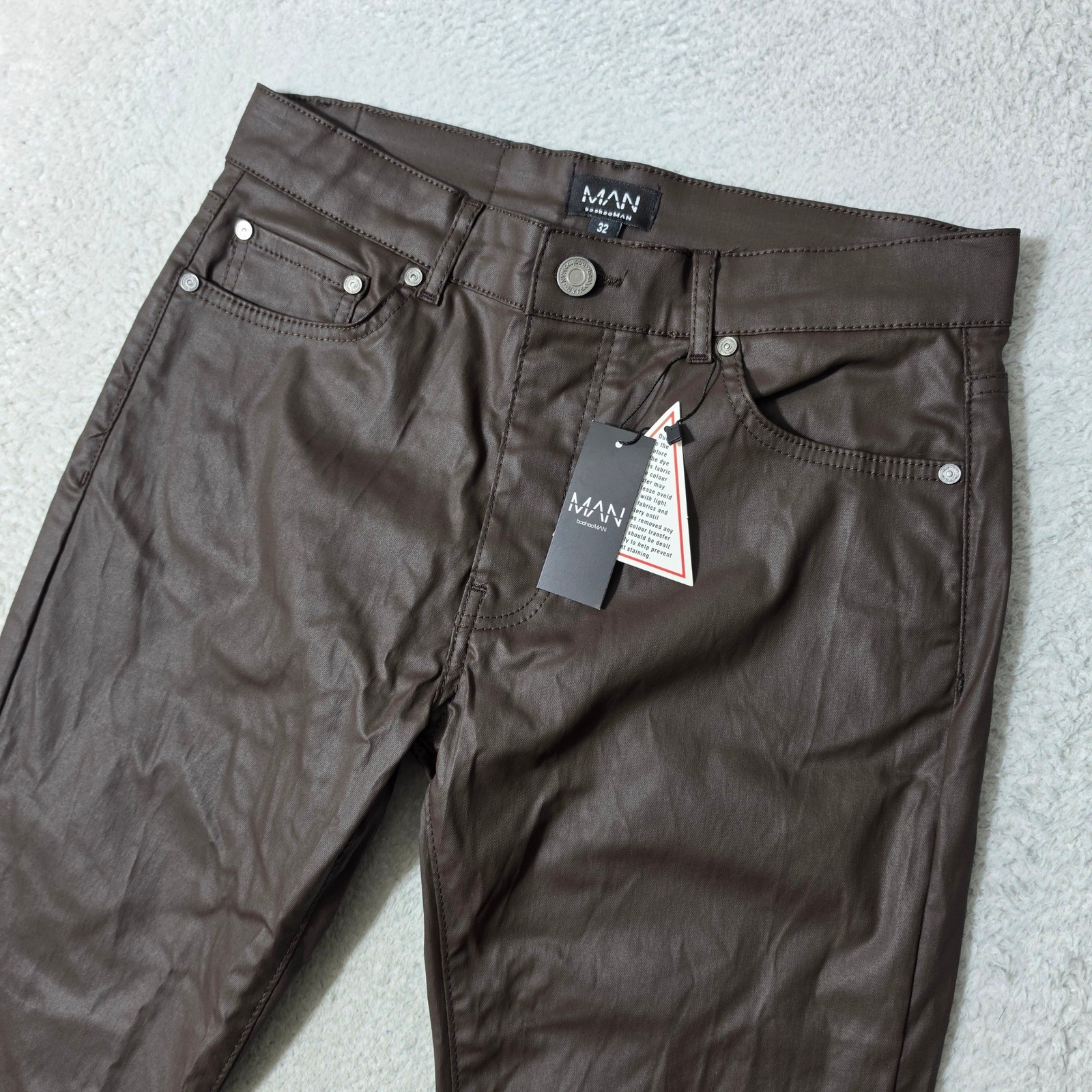 NEW boohooMAN Coated Jeans Mens 32/35 Brown Skinny Stacked Zip Hem Stretch