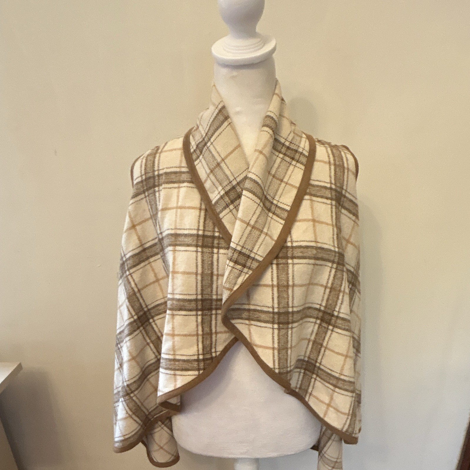 Altard State Women’s Plaid Shawl/Wrap Beige Brown White Trim Hand Wash