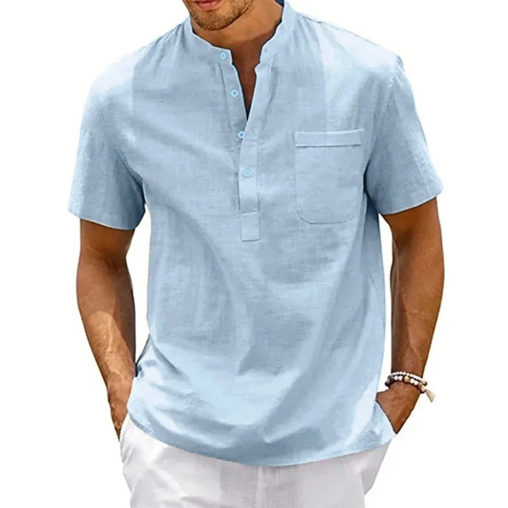 Men’s Henley Neck Linen Shirt Summer Short Sleeve CASUAL Beach Tops S–3XL