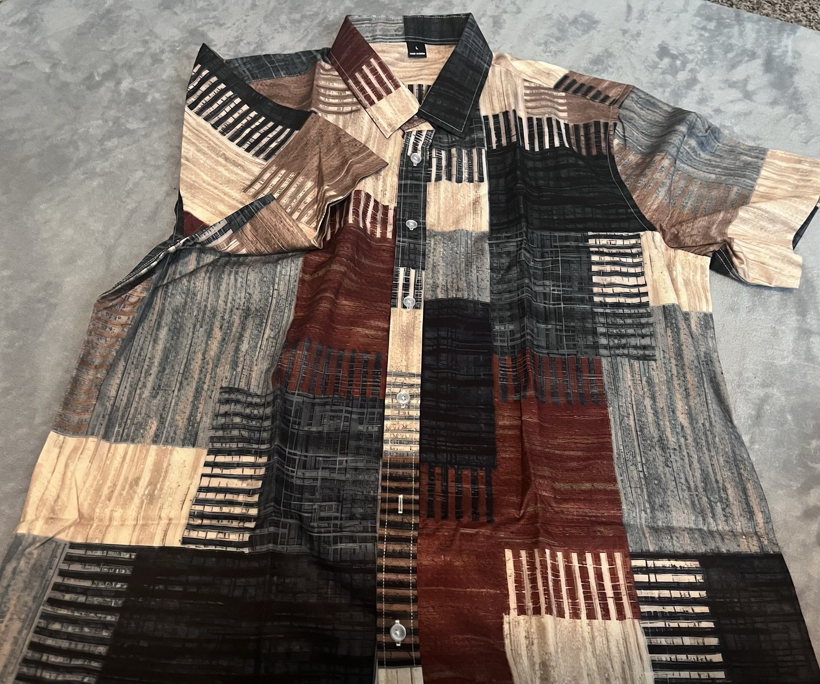 L Multi-colored patchwork button-up shirt black, brown, beige geometric blocks