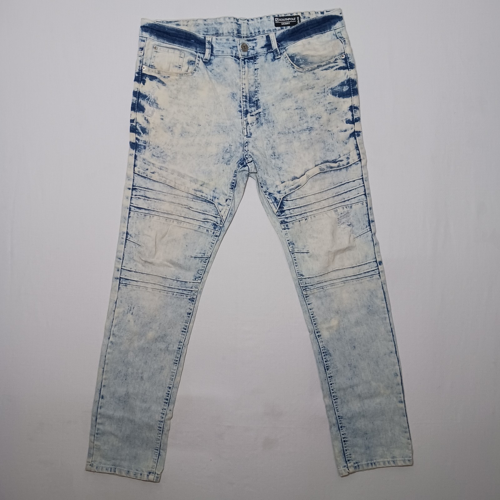 Southpole Mens Skinny Moto Jeans 38X32 Acid Wash Stretch Denim Ruched