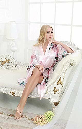 Asian Home Flower Peacock Satin Silk Kimono Robe, Dressing Gown, Bridal, Gift…
