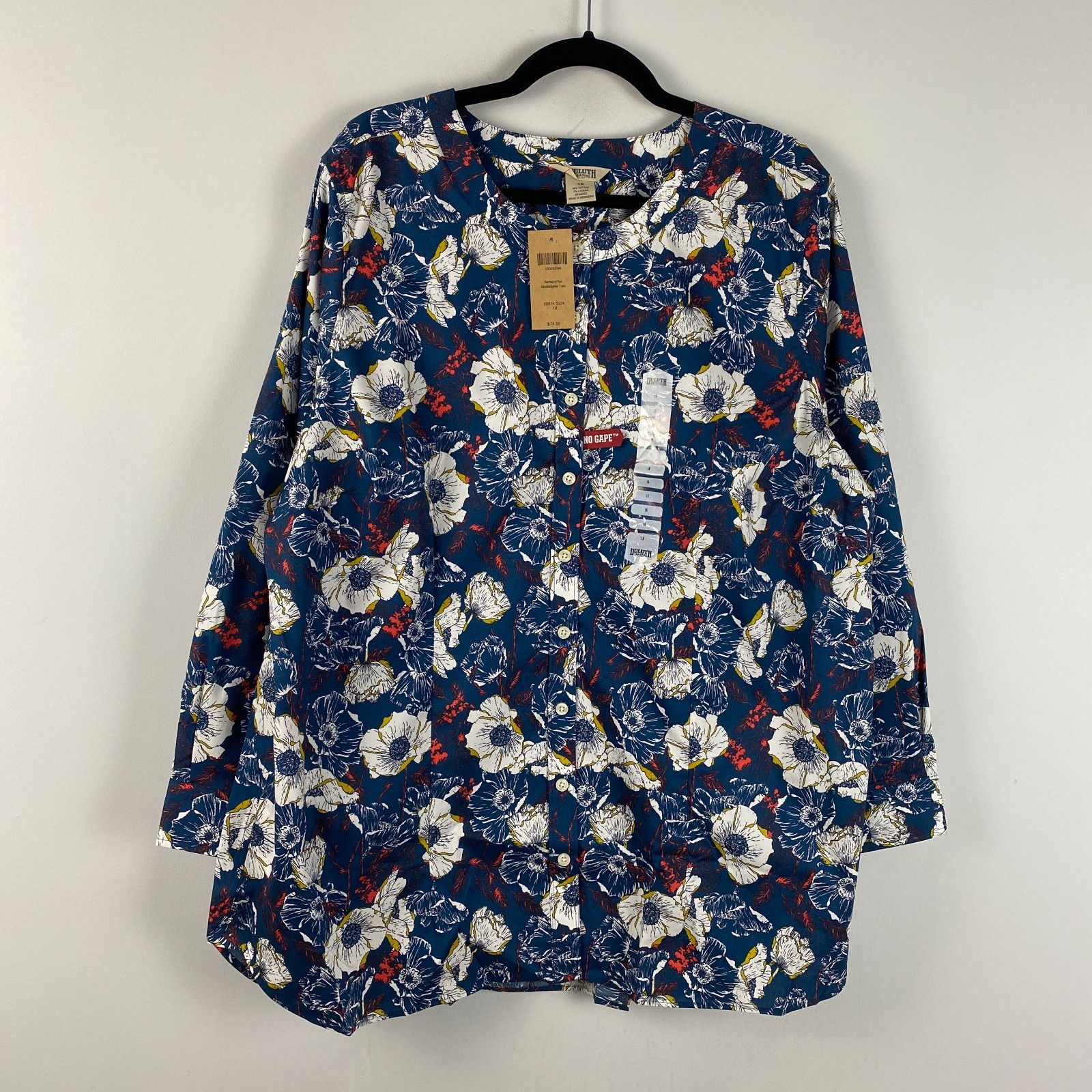 Duluth Trading Wrinklefighter Tunic Button Shirt Womens 1X Blue Floral Pockets